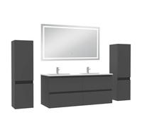 AICA Meuble de Salle de Bain 120 cm Anthracite Mat avec Vasque - 2 colonnes + Miroir LED Blanc 6000K dimmable