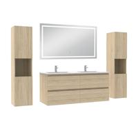 AICA Meuble de Salle de Bain 120 cm chêne Mat avec Vasque, 2 colonnes + Miroir LED Blanc 6000K dimmable