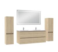 AICA Meuble de Salle de Bain 120 cm chêne Mat avec Vasque - 2 colonnes + Miroir LED Blanc 6000K dimmable