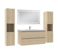 AICA Meuble de Salle de Bain 99 cm chêne Mat avec Vasque, 2 colonnes + Miroir LED Blanc 6000K dimmable