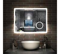 Aica Miroir de Salle de Bain 80cmx60cm avec LED Couleur et luminosité réglables + Anti-buée + Miroir grossissant + Horloge