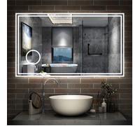 Aica Miroir de Salle de Bain LED - 120x70 cm - Bluetooth + Dimmable + 3 Couleurs + Loupe + Horloge + Anti-Buée