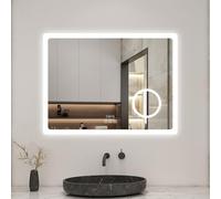 AICA Miroir Salle de Bain rectangulaire 80 x 60cm, Bluetooth + 3 Couleurs + dimmable + grossissant + Horloge + Anti-buée + mémoire, Miroir Lumineux