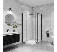 AICA paroi de douche avec retour pivotant 90+40x200cm avec barre de fixation 73-120cm en carré, paroi de douche pivotante 45x200cm, verre 8mm securit anticalcaire, profil Noir mat