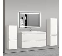 AICA sanitaire Ensemble de Meuble de Salle de Bain Blanc Clair 99cm+Vasque+Miroir+Colonne Meuble Salle de Bain-Armoire de Rangement-Meubles-lavabos