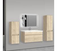AICA sanitaire Ensemble de Meuble de Salle de Bain chêne Clair 79.5cm+Vasque+Miroir+Colonne Meuble Salle de Bain-Armoire de Rangement-Meubles-lavabos