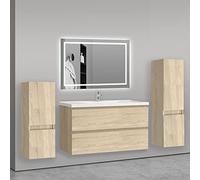 AICA sanitaire Ensemble de Meuble de Salle de Bain chêne Clair 99cm+Vasque+Miroir+Colonne Meuble Salle de Bain-Armoire de Rangement-Meubles-lavabos
