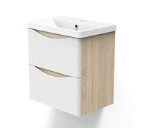 AICA sanitaire Meuble sous Vasque De Salle De Bain Suspendu Blanc et Bois Clair avec Lavabo Espace De Rangement 50cm