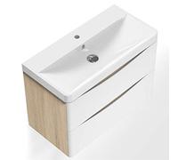 AICA sanitaire Meuble sous Vasque De Salle De Bain Suspendu Blanc et Bois Clair avec Lavabo Espace De Rangement 80cm
