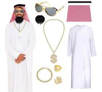 Aicerous Déguisement Arabe Cheik pour Carneval, Costume de Cheik Arabe, Déguisement Prince Arabe, avec Bandana, Lunettes de Soleil, Barbe, Collier, Bague, Ideal pour Carnaval, Mascarade, Cosplay (XL)