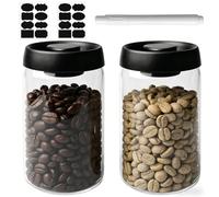Aicharynic Lot de 2 boîtes à café hermétiques de 1,2 l en verre avec couvercle noir et bouton doré, boîte de rangement sous vide pour grains de café, thé, noix