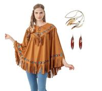 aicoaub Poncho indien marron pour femme - Costume de chef de cowboy - Squaw - Carnaval - Halloween - Cosplay - Aspect cuir avec franges - Costume de carnaval pour l'extérieur