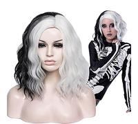 Aicos Perruque courte noire et blanche pour femme, perruque effrayante bouclée pour Halloween, carnaval, fête, bal masqué, cosplay + bonnet de perruque