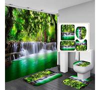 AIDEMEI Forêt Arbre Cascade Flanelle Tapis De Bain Antidérapant Couverture De Toilette Tapis Rideau De Douche avec 12 Crochets Ensemble De Décor De Salle De Bain Vert 180X180Cm