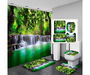 AIDEMEI Forêt Arbre Cascade Flanelle Tapis De Bain Antidérapant Couverture De Toilette Tapis Rideau De Douche avec 12 Crochets Ensemble De Décor De Salle De Bain Vert 180X180Cm