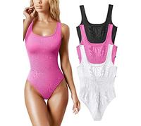 AIDEUX Body 3 pièces sans manches pour femme, débardeur galbant à col carré, combinaison amincissante côtelée - Body sexy et sans couture (BLACK ROSE WHITE, M)