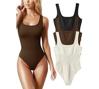 AIDEUX Body 3 pièces sans manches pour femme, débardeur galbant à col carré, combinaison amincissante côtelée - Body sexy et sans couture (BLACKCOFFEEBEIGE, L)