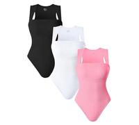 AIDEUX Body 3 pièces sans manches pour femme, débardeur galbant à col carré, combinaison amincissante côtelée - Body sexy et sans couture (Black White Candypink, L)