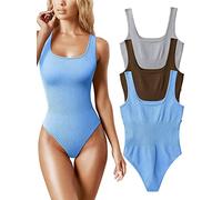 AIDEUX Body 3 pièces sans manches pour femme, débardeur galbant à col carré, combinaison amincissante côtelée - Body sexy et sans couture (GREY COFFEE CANDYBLUE, S)