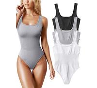 AIDEUX Body 3 pièces sans manches pour femme, débardeur galbant à col carré, combinaison amincissante côtelée - Body sexy et sans couture (BLACK GREY WHITE, M)