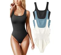 AIDEUX Body 3 pièces sans manches pour femme, débardeur galbant à col carré, combinaison amincissante côtelée - Body sexy et sans couture (BLACK HAZE BLUE BEIGE, L)