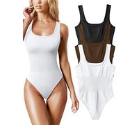 AIDEUX Body 3 pièces sans manches pour femme, débardeur galbant à col carré, combinaison amincissante côtelée - Body sexy et sans couture (BLACK COFFEE WHITE, M)