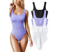 AIDEUX Body 3 pièces sans manches pour femme, débardeur galbant à col carré, combinaison amincissante côtelée - Body sexy et sans couture (BLACK PURPLE WHITE, S)