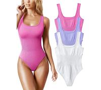 AIDEUX Body 3 pièces sans manches pour femme, débardeur galbant à col carré, combinaison amincissante côtelée - Body sexy et sans couture (ROSE PURPLE WHITE, M)