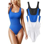 AIDEUX Body 3 pièces sans manches pour femme, débardeur galbant à col carré, combinaison amincissante côtelée - Body sexy et sans couture (BLACK BLUE WHITE, S)