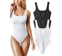 AIDEUX Body 3 pièces sans manches pour femme, débardeur galbant à col carré, combinaison amincissante côtelée - Body sexy et sans couture (BLACK BLACK WHITE, M)