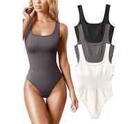 AIDEUX Body 3 pièces sans manches pour femme, débardeur galbant à col carré, combinaison amincissante côtelée - Body sexy et sans couture (BLACK TEA LEAF BEIGE, M)