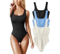 AIDEUX Body 3 pièces sans manches pour femme, débardeur galbant à col carré, combinaison amincissante côtelée - Body sexy et sans couture (BLACKCANDYBLUEBEIGE, S)
