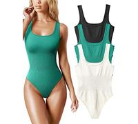AIDEUX Body 3 pièces sans manches pour femme, débardeur galbant à col carré, combinaison amincissante côtelée - Body sexy et sans couture (BLACK GREEN BEIGE, L)