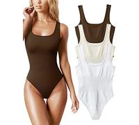 AIDEUX Body 3 pièces sans manches pour femme, débardeur galbant à col carré, combinaison amincissante côtelée - Body sexy et sans couture (COFFEE BEIGE WHITE, L)