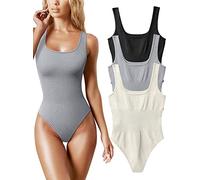 AIDEUX Body 3 pièces sans manches pour femme, débardeur galbant à col carré, combinaison amincissante côtelée - Body sexy et sans couture (BLACK GREY BEIGE, S)