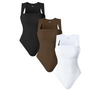 AIDEUX Tghetiop Body 3 pièces sans manches pour femme Col carré Shapewear Débardeur et Côtelé Minceur Body Body Sexy Sans Coutures, Noir Café Blanc 1, M