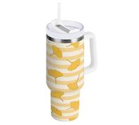 aidingzhi Gobelet isotherme en acier inoxydable avec couvercle et paille - Motif feuille de ginkgo biloba à large ouverture - Pour la maison, le bureau ou la voiture - Jaune et blanc - 1200 ml