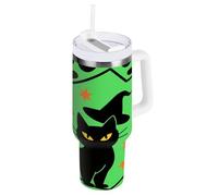 aidingzhi Green Witch with Black Cat Halloween - Gobelet isotherme en acier inoxydable avec couvercle à paille - Bouteille d'eau réutilisable - Tasse à café sous vide pour eau, thé glacé ou café