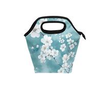 aidingzhi Sac à déjeuner pour filles avec poignée incurvée - Étanche - Grand sac isotherme pour bureau, université, nature, fleurs de cerisier bleu sarcelle