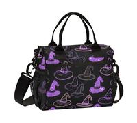 aidingzhi Sac à déjeuner réglable avec porte-bouteille d'eau et bandoulière - Chapeau de sorcière « Happy Halloween » - Noir - Taille M