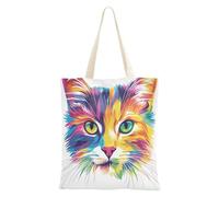 aidingzhi Sac fourre-tout en toile colorée peinte à la main avec tête de chat - Grande capacité - Sac à provisions en toile - 40,6 x 38,1 cm - Indispensable pour l'école