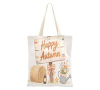 aidingzhi Sac fourre-tout en toile réutilisable avec inscription « Autumn Sign Happiness » - Pour femme - 40,6 x 38,1 cm - Indispensable pour l'école