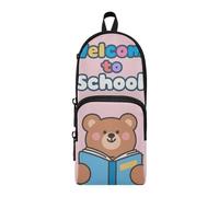 aidingzhi Trousse à crayons Welcome To School en nylon rose avec 3 compartiments - Grande capacité - Pour l'école