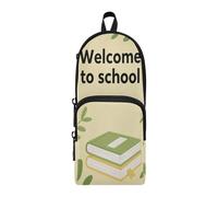 aidingzhi Welcome To School Trousse à crayons en nylon beige 3 compartiments avec poignée grande capacité avec fermeture éclair