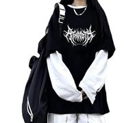 AIDISEN Chemise Gothique Fausse pièce Deux pièces vêtements rétro Baggy Gothique Haut à Manches Longues, Noir, 3X-Large