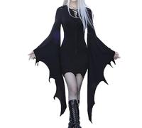 Aidodmom Robe Gothique Femme Manches Longues Sexy Mini Robe Cosplay Costumes Robe Motif De Squelette Crâne Halloween Carnaval Party Robe à Manche Chauve-Souris