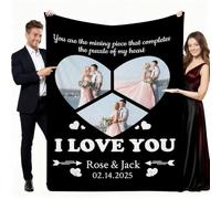 Aiebill Couverture personnalisée avec texte à 3 images - Couverture personnalisée avec collage de cœur « I Love You » - Cadeau de Noël ou d'anniversaire personnalisable pour petite amie, petit ami