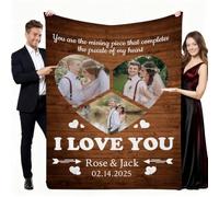 Aiebill Couverture personnalisée avec texte à 3 photos - Couverture personnalisée avec collage de cœur « I Love You » - Cadeau personnalisé pour maman, papa, couple, petite amie, petit ami, épouse