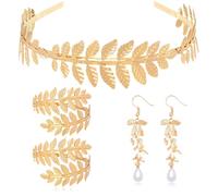 AIEDECOPT Couronne de Laurier Dorée, Ensemble Déesse Grecque Costume Accessoires, Couronne Laurier, Manchettes Feuilles et Boucles d’Oreilles, Déesse Grecque Bijoux pour Mariage, Soirée, Carnaval (A)