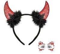 AIEDECOPT Serre-Tête Cornes Diable Pailletées avec Bijoux Visage, Diables Oreilles Bandeau Halloween, Bandeau de Diables, pour Halloween Déguisement Cosplay Accessoires Costume Diable